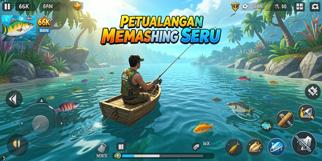 Tampilan gameplay 66K yang menawan saat memancing di danau.