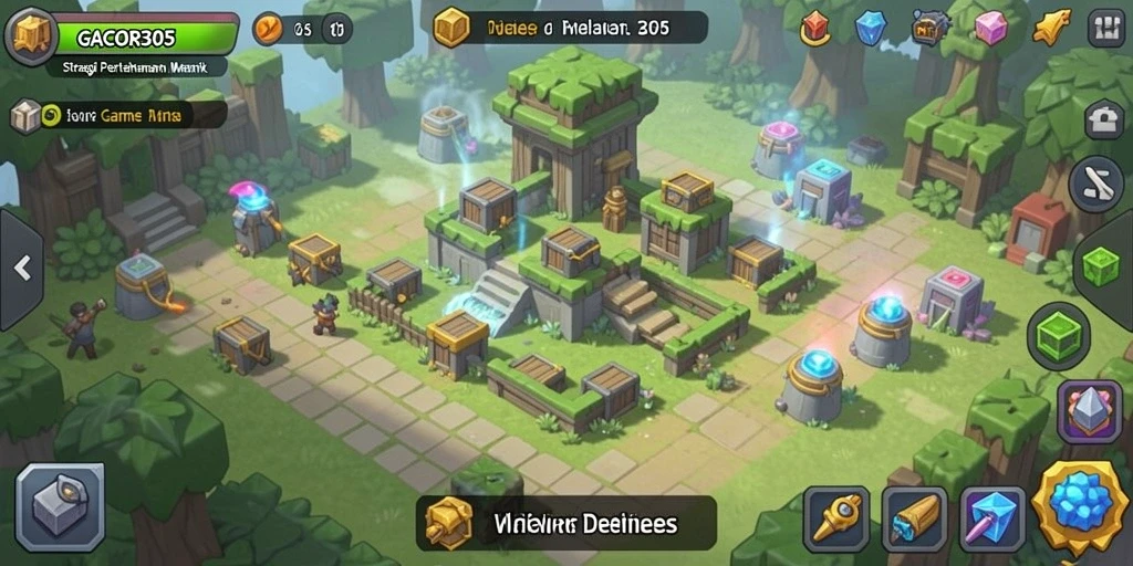 Screenshot gameplay GACOR305 dengan menara dan musuh dalam aksi.